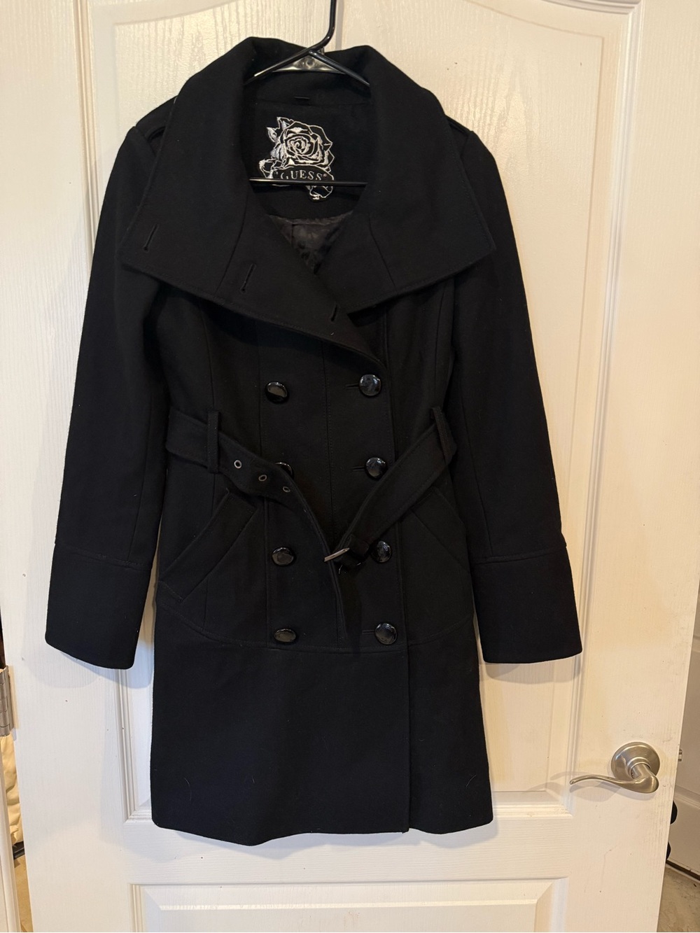 GUESS Women's Black Mid-Length pea coat Overcoat Button belted Wool blend XS